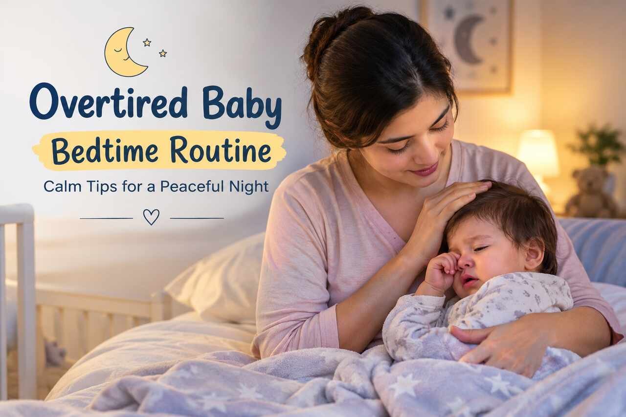 Mom calming an overtired baby during bedtime routine