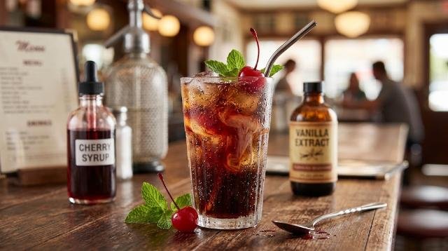 Cherry Vanilla Cola drink with ingredients on a diner counter.