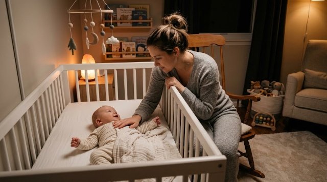 Mother checking on her awake baby during the night