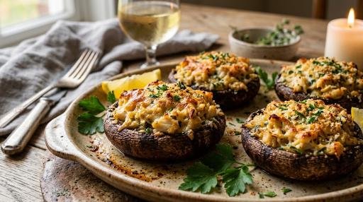 Crab-stuffed portobello mushrooms with herbs