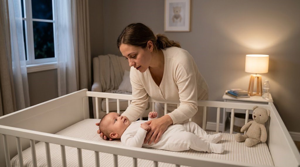 Baby waking at night while mom gently comforts her