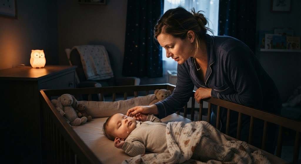 Mom checking baby during nighttime wake-up
