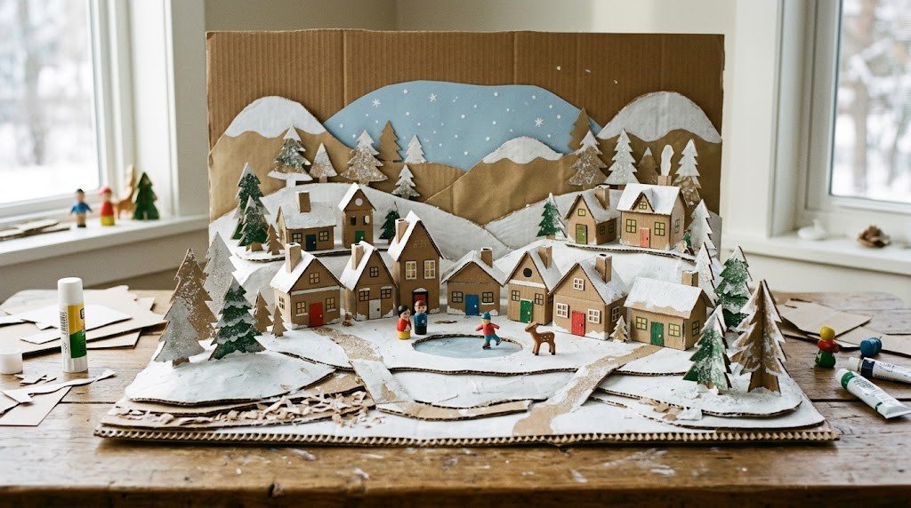 Recycled cardboard snowy landscape