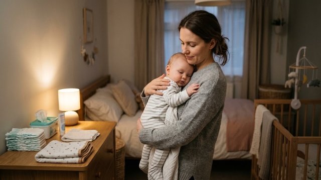 Mother holding sleepy baby during bedtime routine