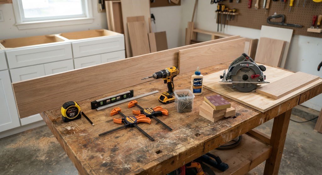 Tools and materials used to attach a cabinet toe kick