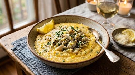 Creamy crab polenta with fresh herbs