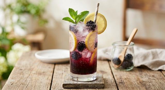 Crisp glass of refreshing Blackberry Lemon Fizz soda garnished with fresh blackberries and lemon slice