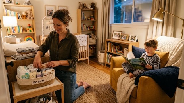 Mother organizing baby bedtime essentials at home