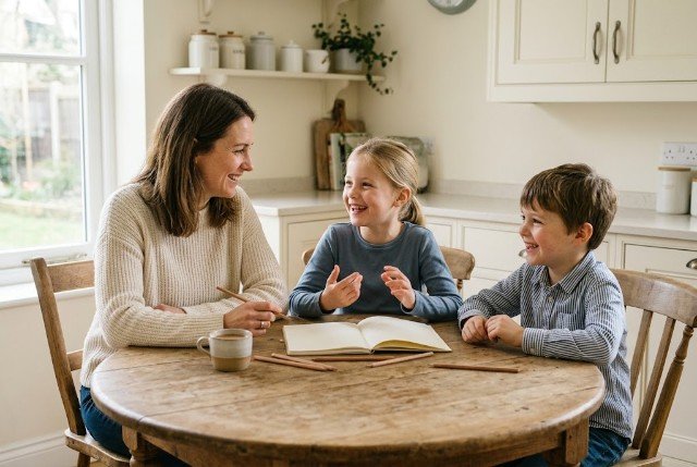 Parent and children talking together at a table during a family conversation activity.