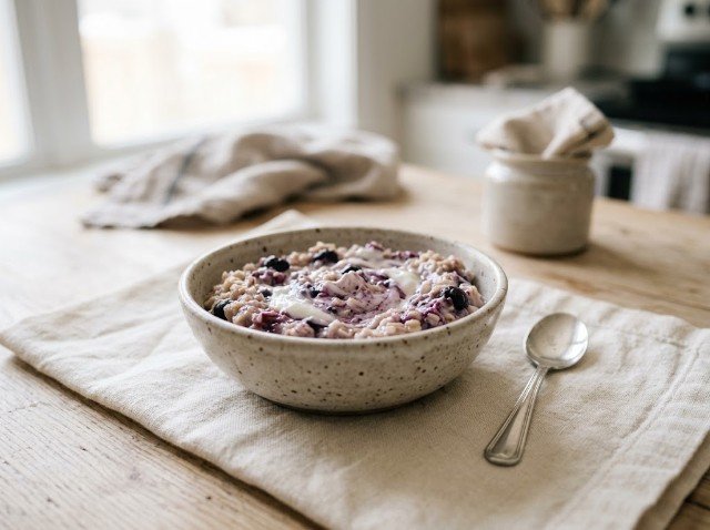 Baby-friendly oatmeal with mashed blueberries and plain yogurt