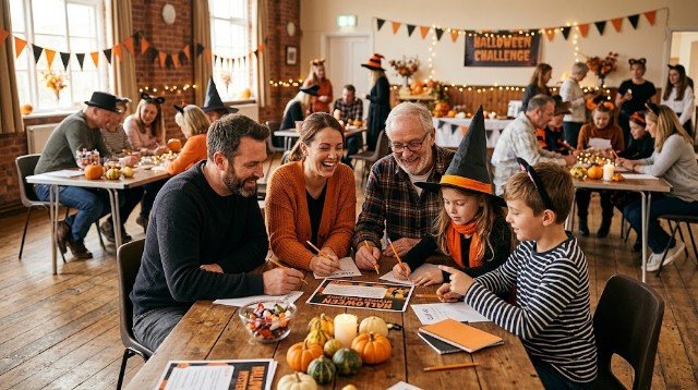 Children and adults working together during Halloween team games