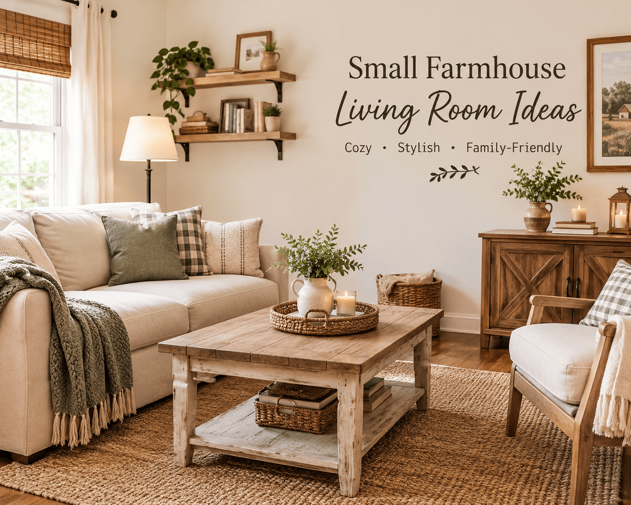 Small farmhouse living room with a cozy cream sofa, natural wood furniture, and simple rustic decor.