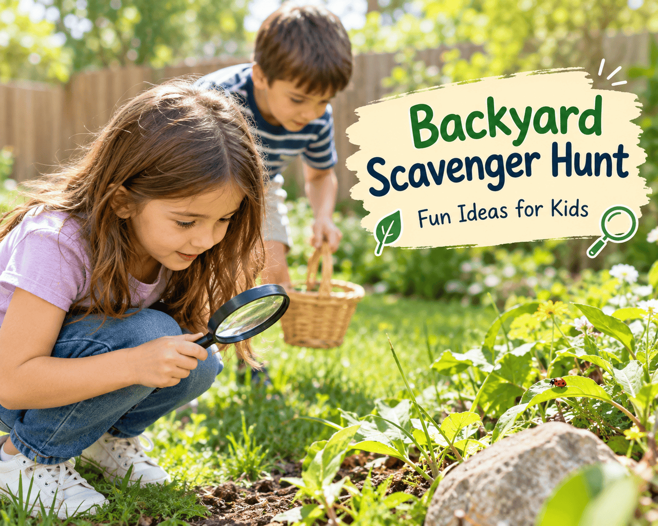 Backyard scavenger hunt for kids exploring nature in the garden.