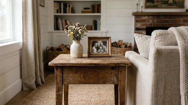 Vintage wooden side table with a family photo and ceramic vase in a farmhouse living room.