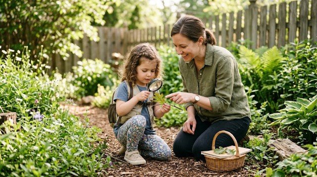 Parent supervising a child during safe backyard nature exploration.