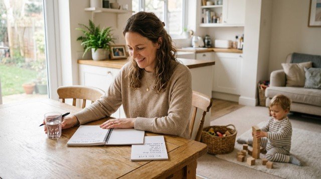 Mom organizing household tasks and meal planning while her toddler plays nearby