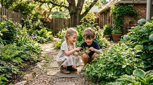 Children enjoying a backyard scavenger hunt in a green garden.