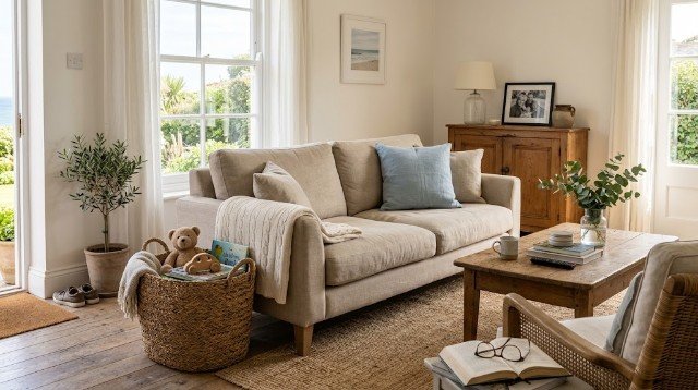 Simple coastal-inspired living room with practical storage and minimal decor.