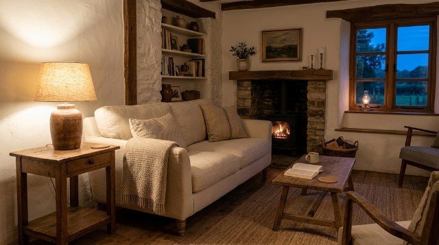 Warm table lamp illuminating a cozy farmhouse living room beside a cream sofa.