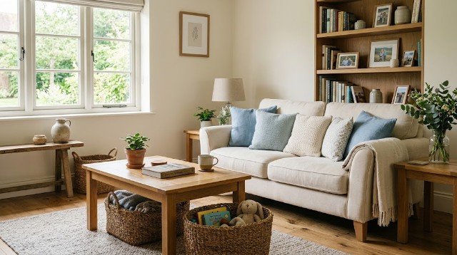 Coastal-inspired family living room with cream furniture and blue accents.