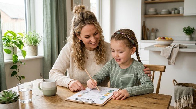 Mother helping her child follow a daily routine checklist.