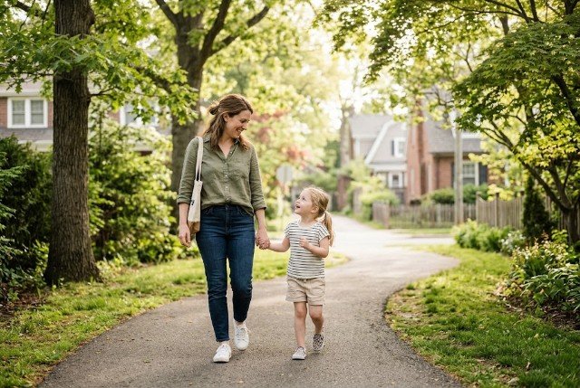 Mother talking with her child during a relaxed walk outdoors.