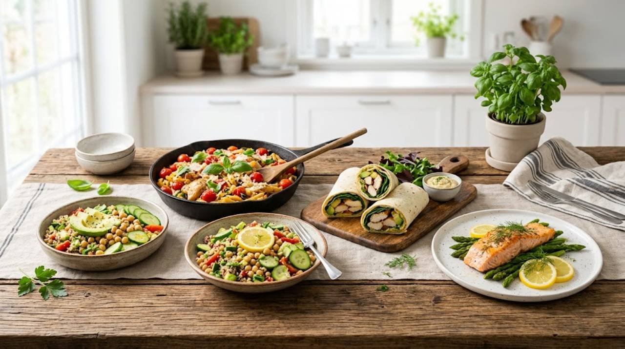 Easy dinner ideas no oven including pasta, rice bowls, wraps, and quesadillas.