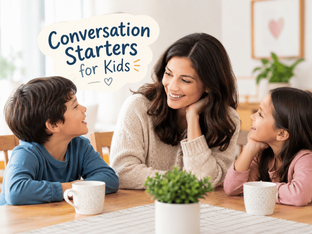 Mother talking with children at the dinner table to encourage family conversations.