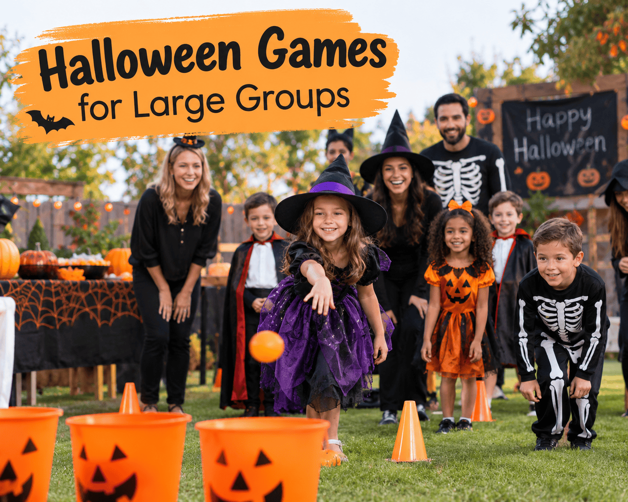 A group of children and adults enjoying Halloween team games at a festive party