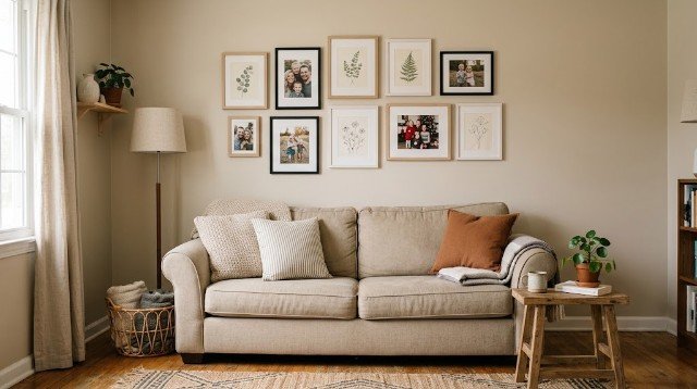 Affordable living room wall decor with framed photographs and simple DIY artwork above a sofa.