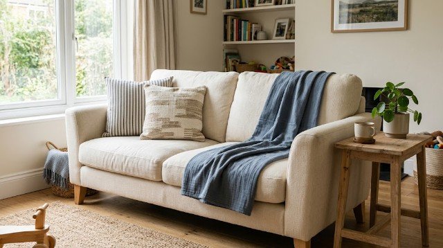 Cream sofa refreshed with affordable cushion covers and a washable throw blanket.