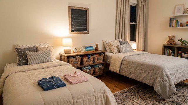 Organized shared bedroom with bedtime books and personal storage baskets.