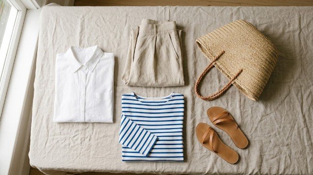 Coastal grandma wardrobe essentials in white, beige, and blue.