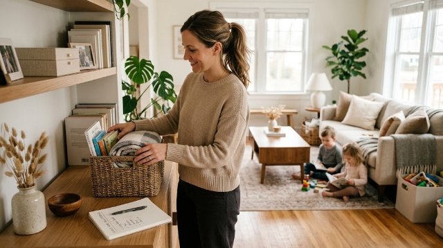 busy mom following a simple decluttering schedule at home