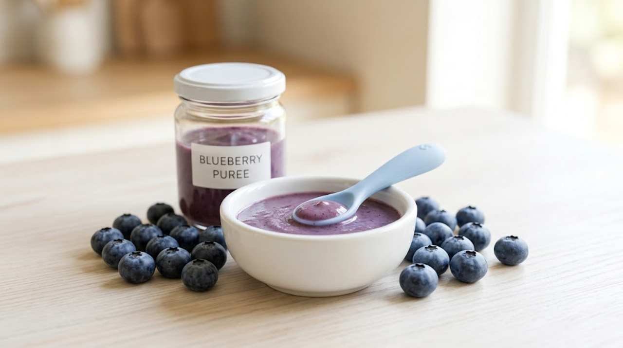 Mashed blueberries prepared for a baby starting solid foods