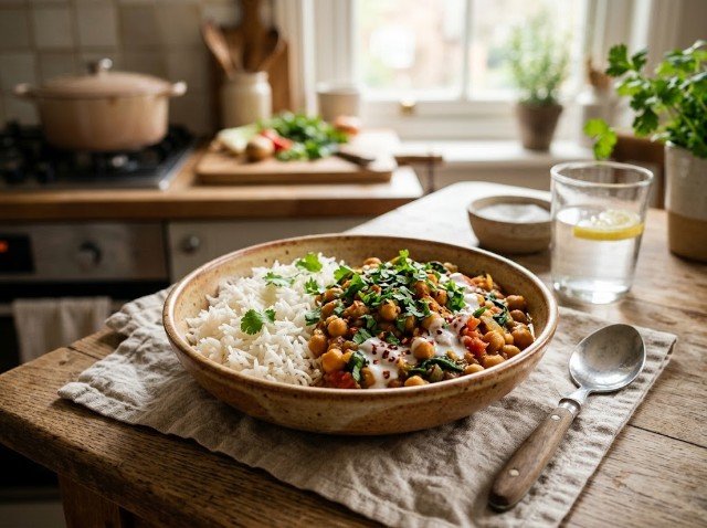 Chickpea curry served with rice for an easy family dinner.