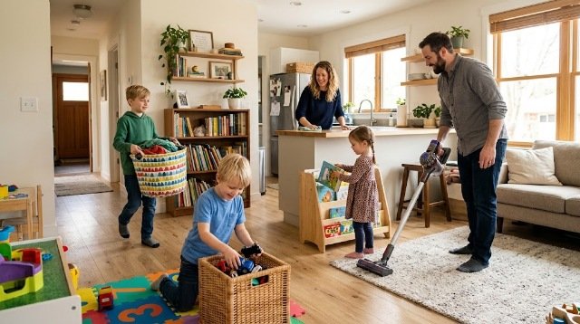 Parents and children working together on household cleaning and organizing tasks