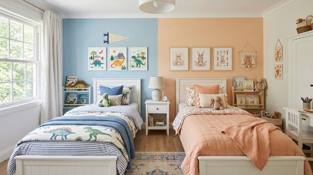 Shared sibling bedroom with different personal decorations on each side.