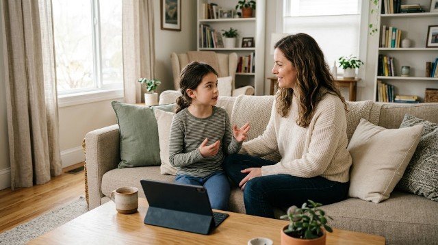 Mother listening to her child during a calm conversation about parenting and boundaries.