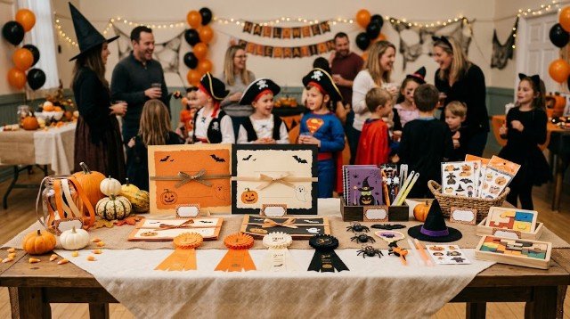 Handmade Halloween game certificates and ribbons arranged on a party table