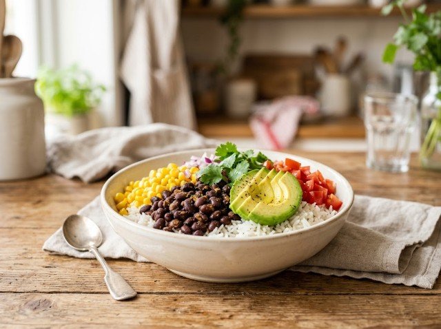 Rice cooker taco bowl with rice, black beans, corn, avocado, and tomatoes.