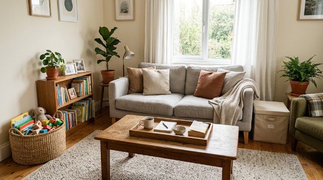 Family-friendly living room storage with a toy basket, bookshelf, and organized everyday essentials.