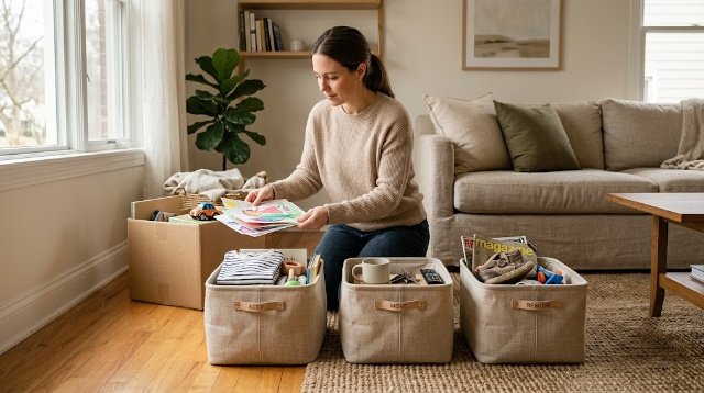 three basket decluttering system for organizing household items