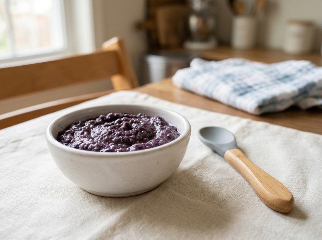 Thoroughly mashed blueberries prepared for a baby starting solid foods