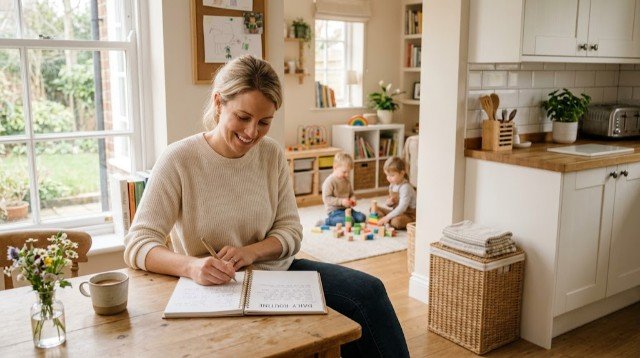 Stay-at-home mom planning her daily household routine while her children play nearby