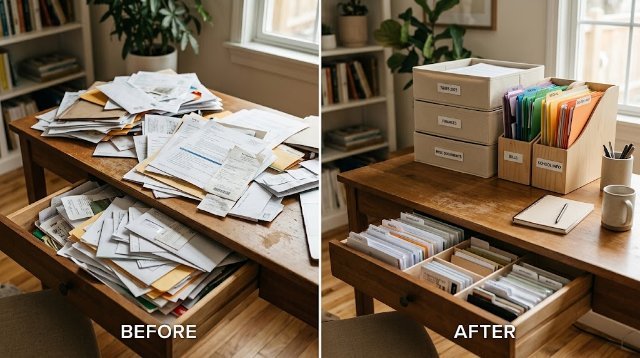 Before and after paper clutter organization
