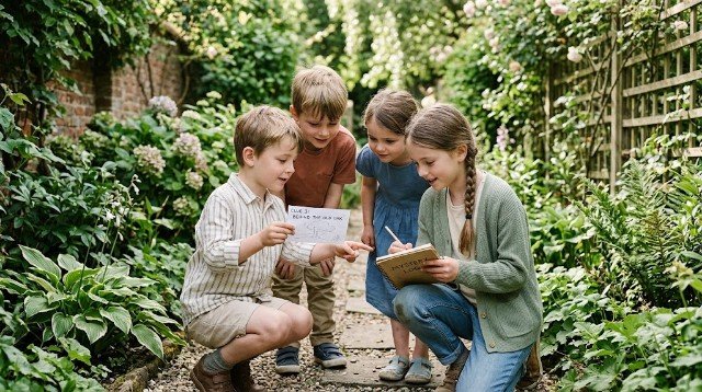 Kids following mystery clues during a backyard scavenger hunt.