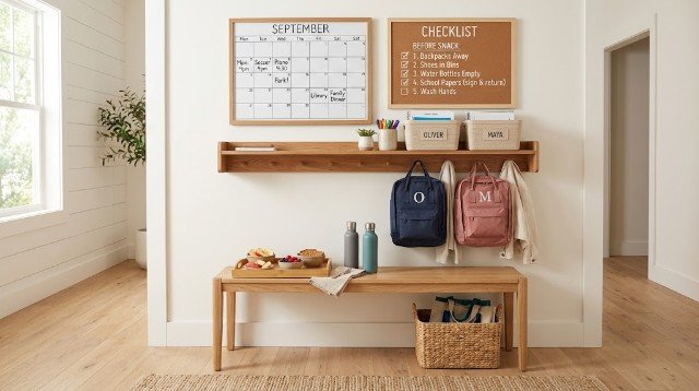 Organized after school routine station with checklist, backpacks, and school supplies