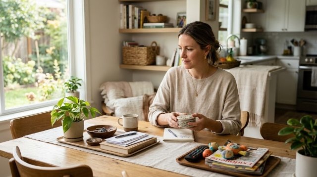 mom deciding which household items to keep while decluttering