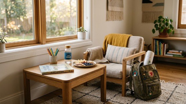 Calm after school reset with snack, book, and school backpack